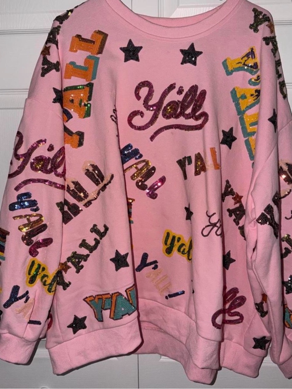 QUEEN OF SPARKLES Pink Sequin 'Y'all' Embellished Sweatshirt Skirt